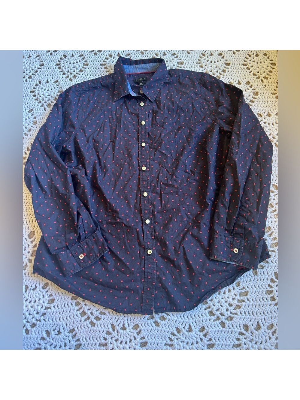Women’s Talbots 16P Navy Embroidered Red Dot Dragonfly Stretch Blouse Top